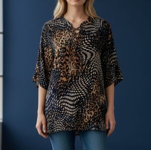 VENINI 1990s Navy Blue Loud Mixed Leopard Print Lace-up Tunic